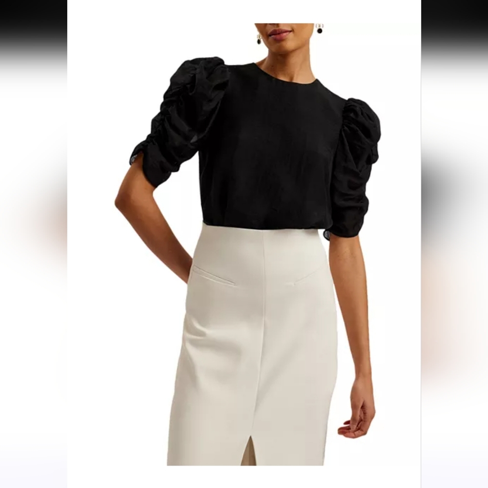 LIKE NEW TED BAKER Sachiko Ruched Puff Sleeve Organza Top Black Size 1 (US 4)